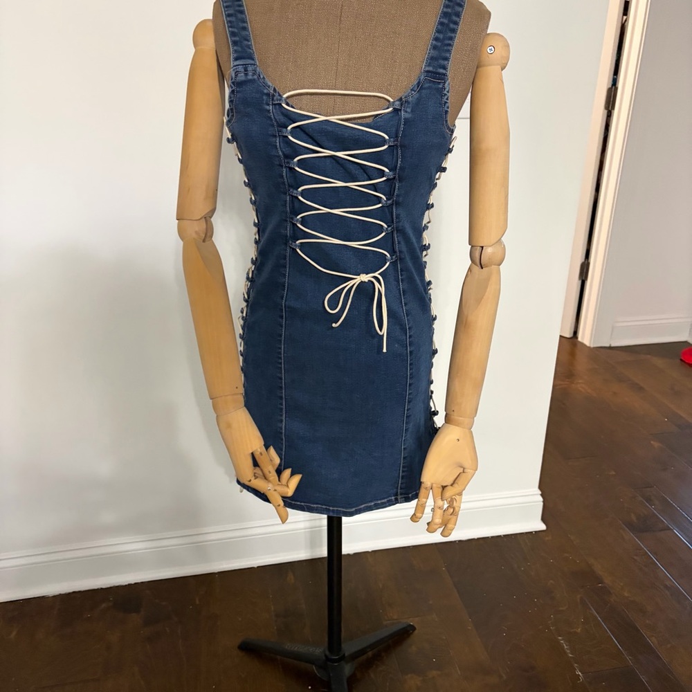 AKIRA Denim Lace-Up Mini Dress in Dark Blue with White Laces